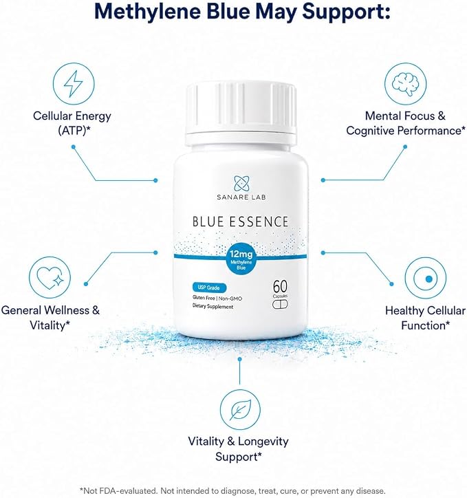 Methylene blue may support: cellular energy (ATP), mental focus and cognitive performance, general wellness and vitality, healthy cellular function, vitality and longevity support