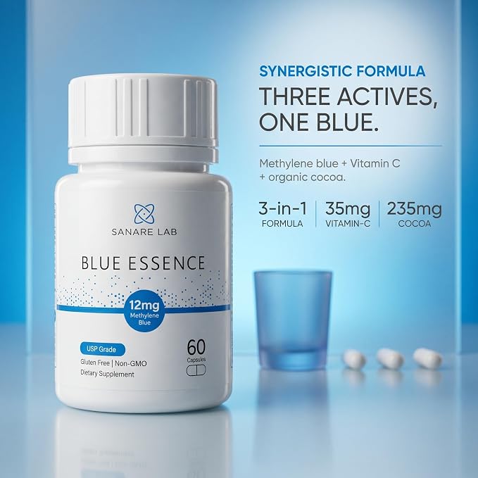 Synergistic formula — three actives, one blue: methylene blue + Vitamin C + organic cocoa. 3-in-1 formula, 35 mg Vitamin C, 235 mg cocoa