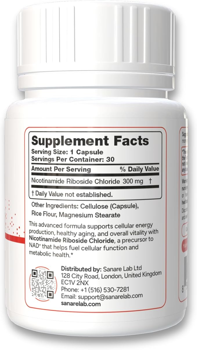 Supplement Facts: serving size 1 capsule, 30 servings per container, Nicotinamide Riboside Chloride 300 mg. Other ingredients: cellulose (capsule), rice flour, magnesium stearate