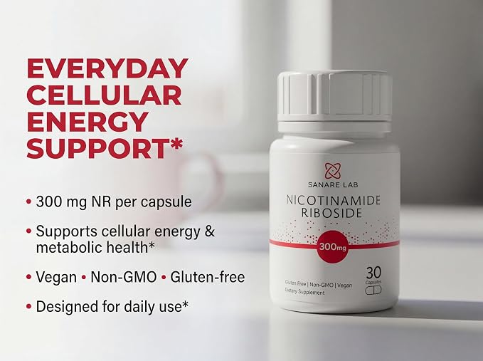 Everyday cellular energy support — 300 mg NR per capsule, supports cellular energy and metabolic health, vegan, non-GMO, gluten-free, designed for daily use